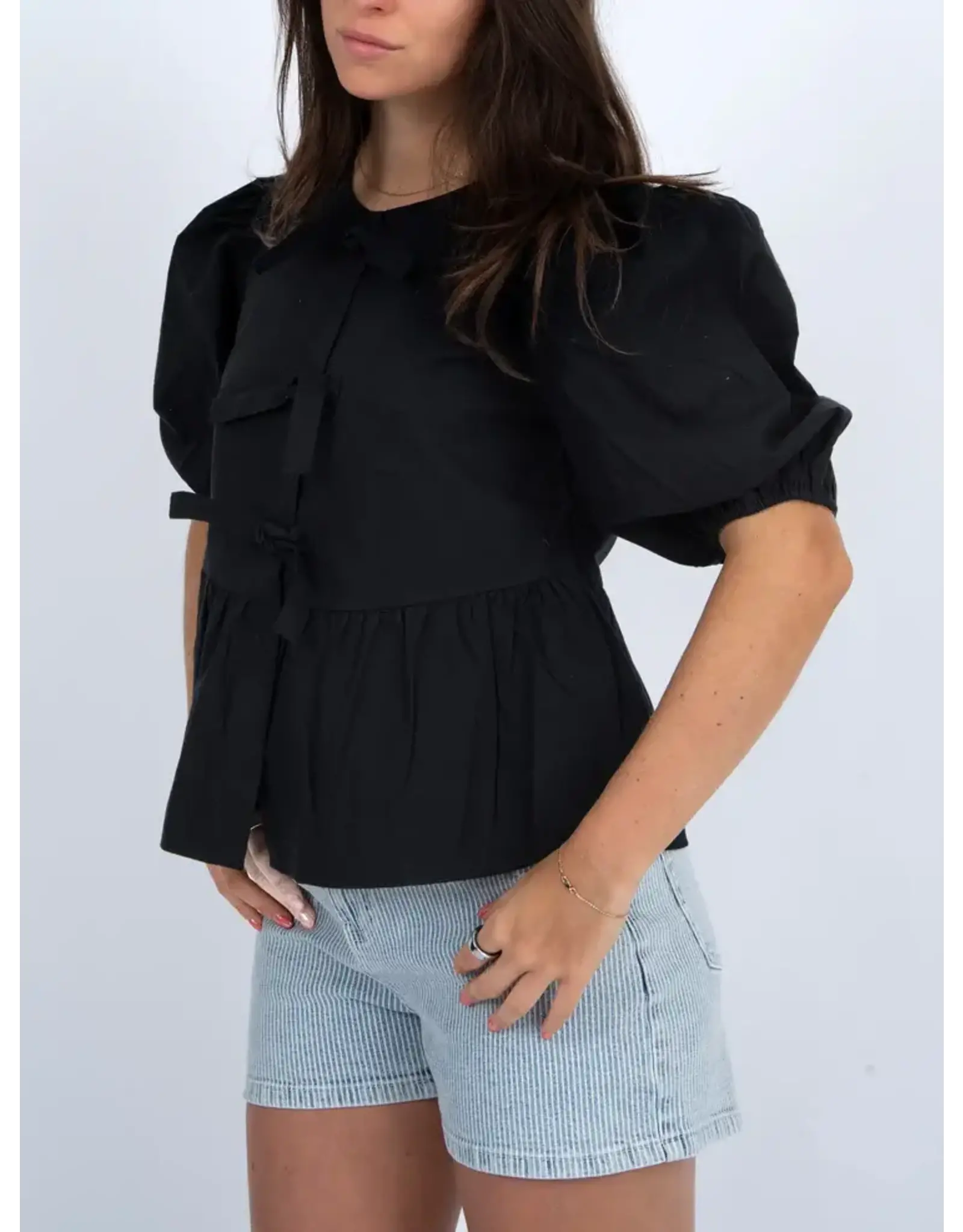 RD Style RD Style - Tally Puff Sleeve Front Tie Shirt (Black)
