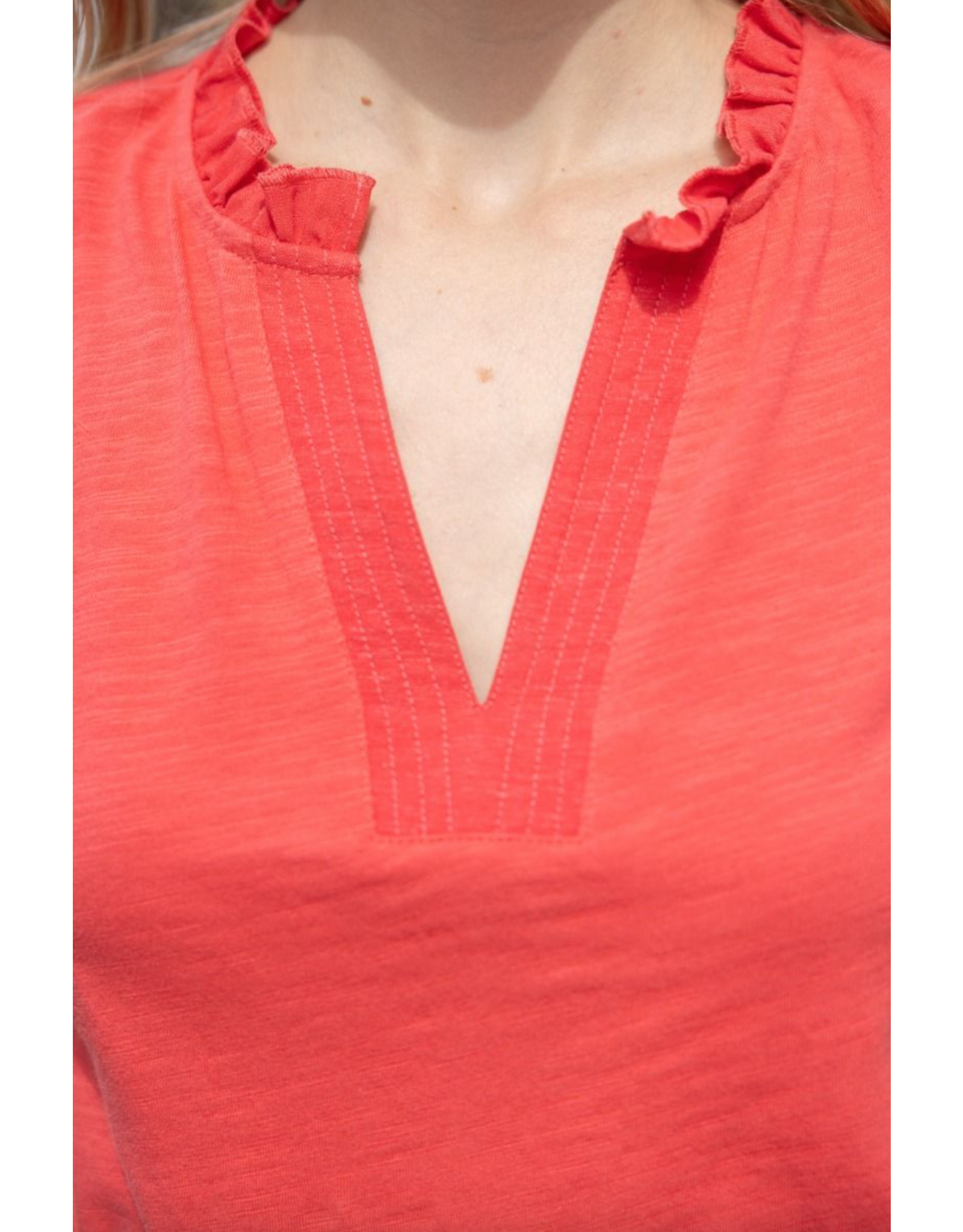 Voy V Neck Ruffle Sleeve Top (Coral)