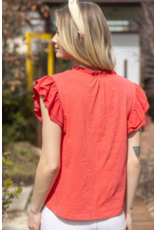 Voy V Neck Ruffle Sleeve Top (Coral)