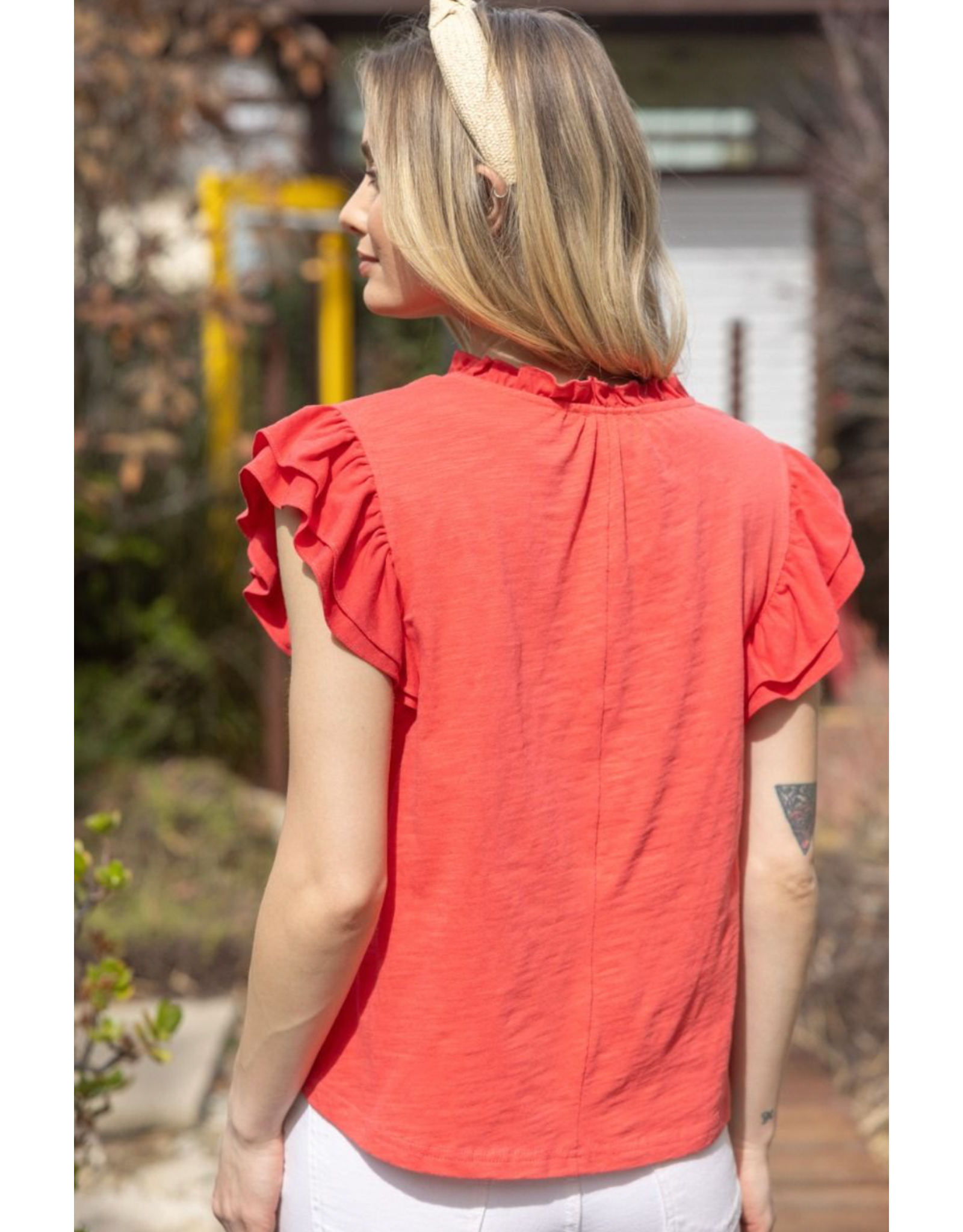 Voy V Neck Ruffle Sleeve Top (Coral)