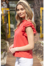 Voy V Neck Ruffle Sleeve Top (Coral)