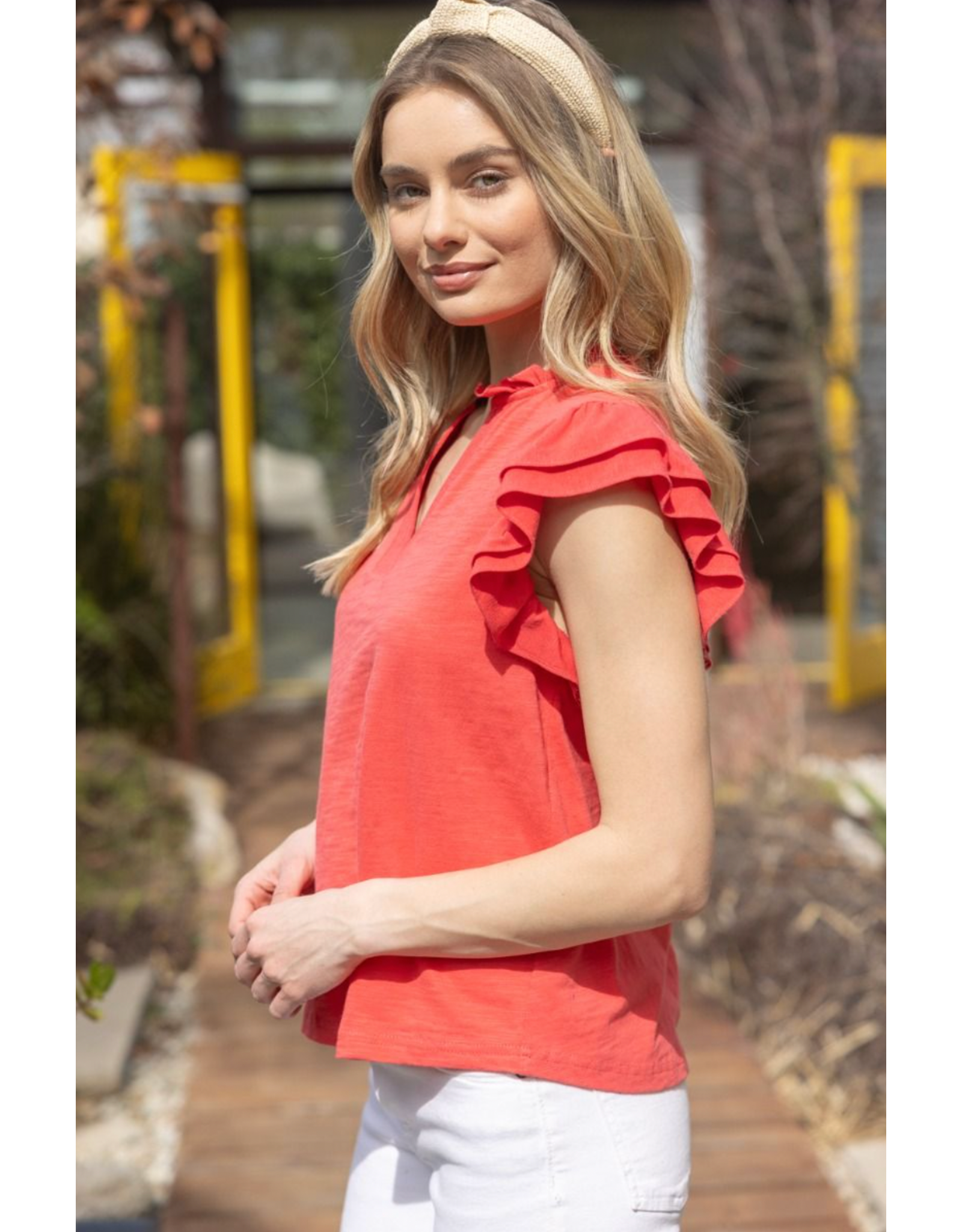 Voy V Neck Ruffle Sleeve Top (Coral)