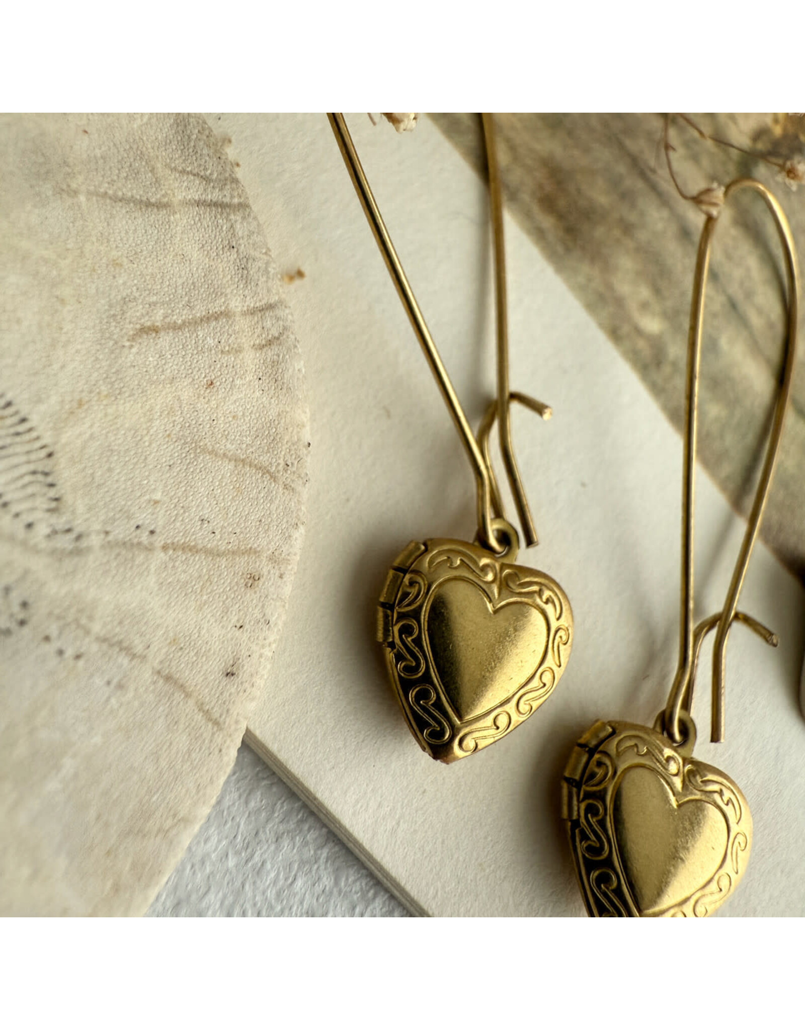 Pika & Bear Pika & Bear - "Elizabeth" Vintage Heart Shaped Locket Drop Earrings in Raw Brass
