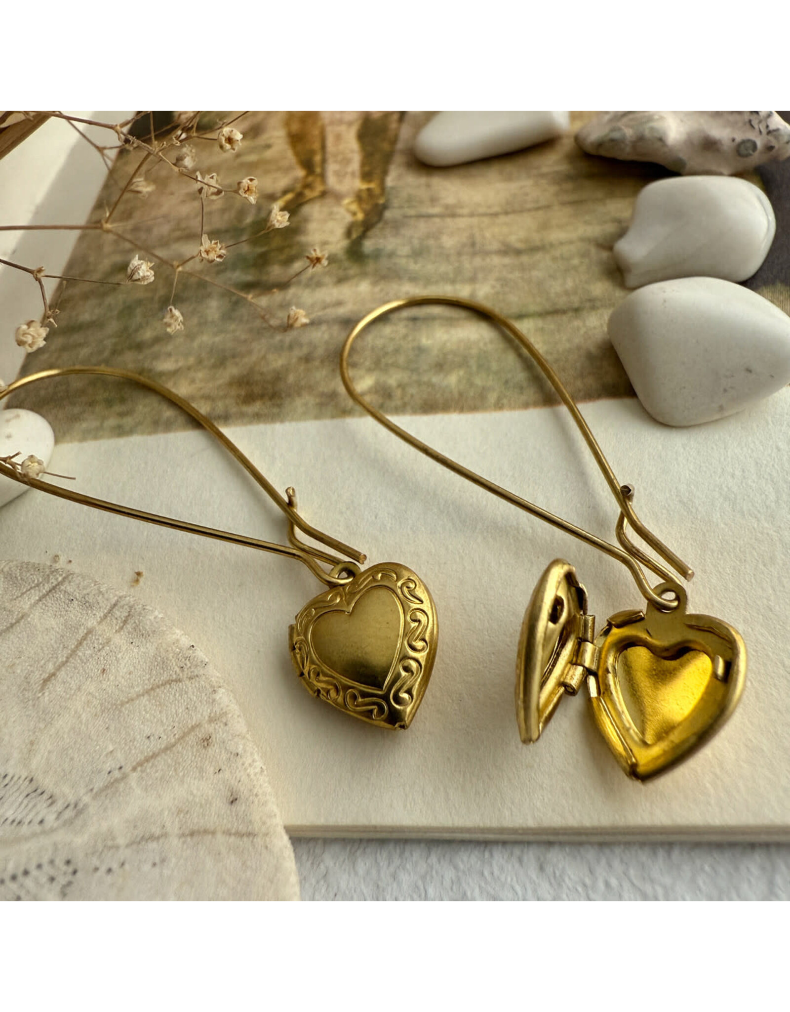 Pika & Bear Pika & Bear - "Elizabeth" Vintage Heart Shaped Locket Drop Earrings in Raw Brass