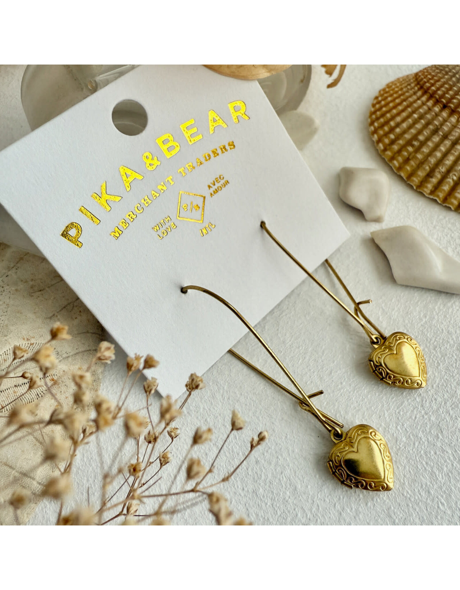 Pika & Bear Pika & Bear - "Elizabeth" Vintage Heart Shaped Locket Drop Earrings in Raw Brass
