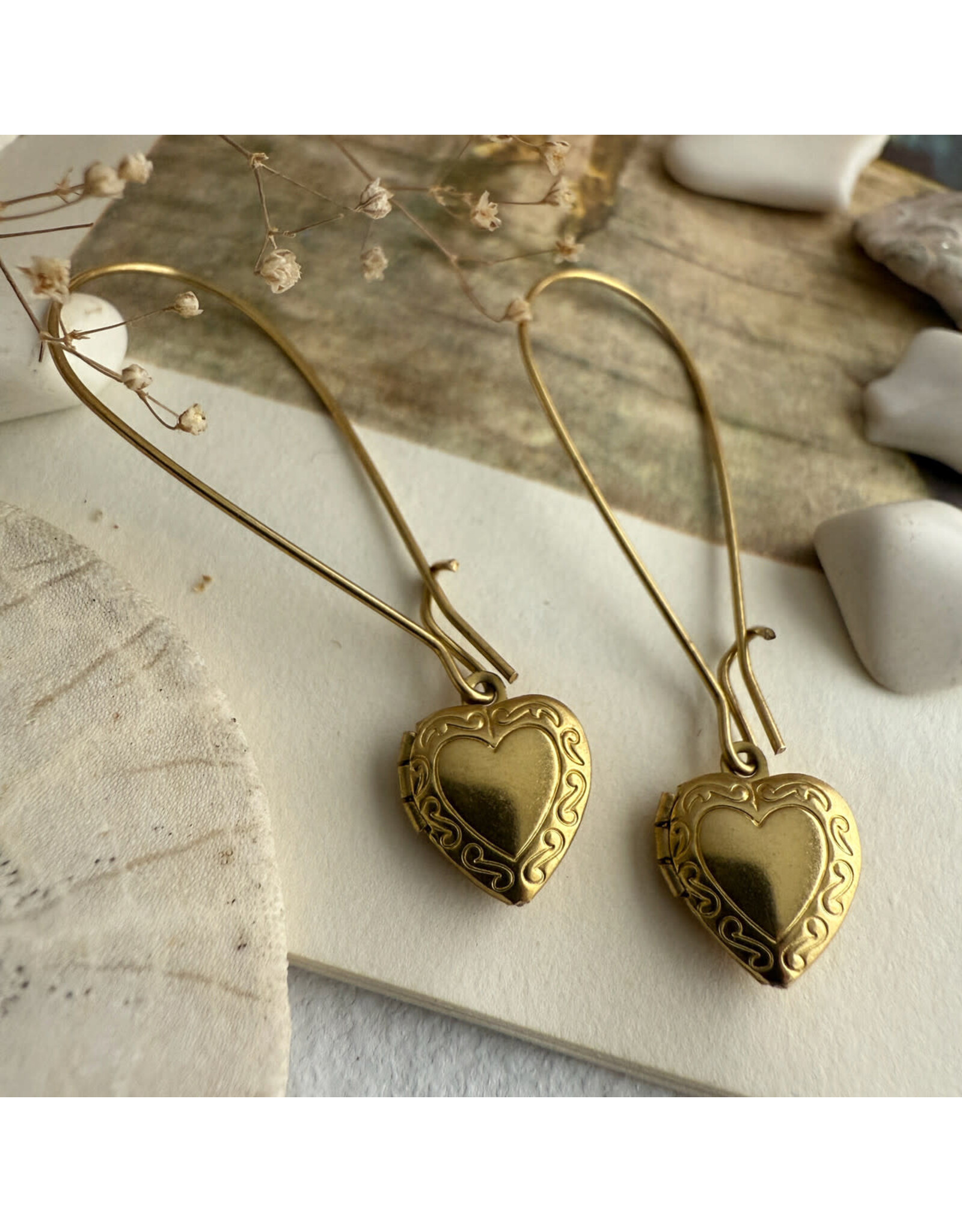 Pika & Bear Pika & Bear - "Elizabeth" Vintage Heart Shaped Locket Drop Earrings in Raw Brass