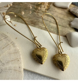 Pika & Bear Pika & Bear - "Elizabeth" Vintage Heart Shaped Locket Drop Earrings in Raw Brass