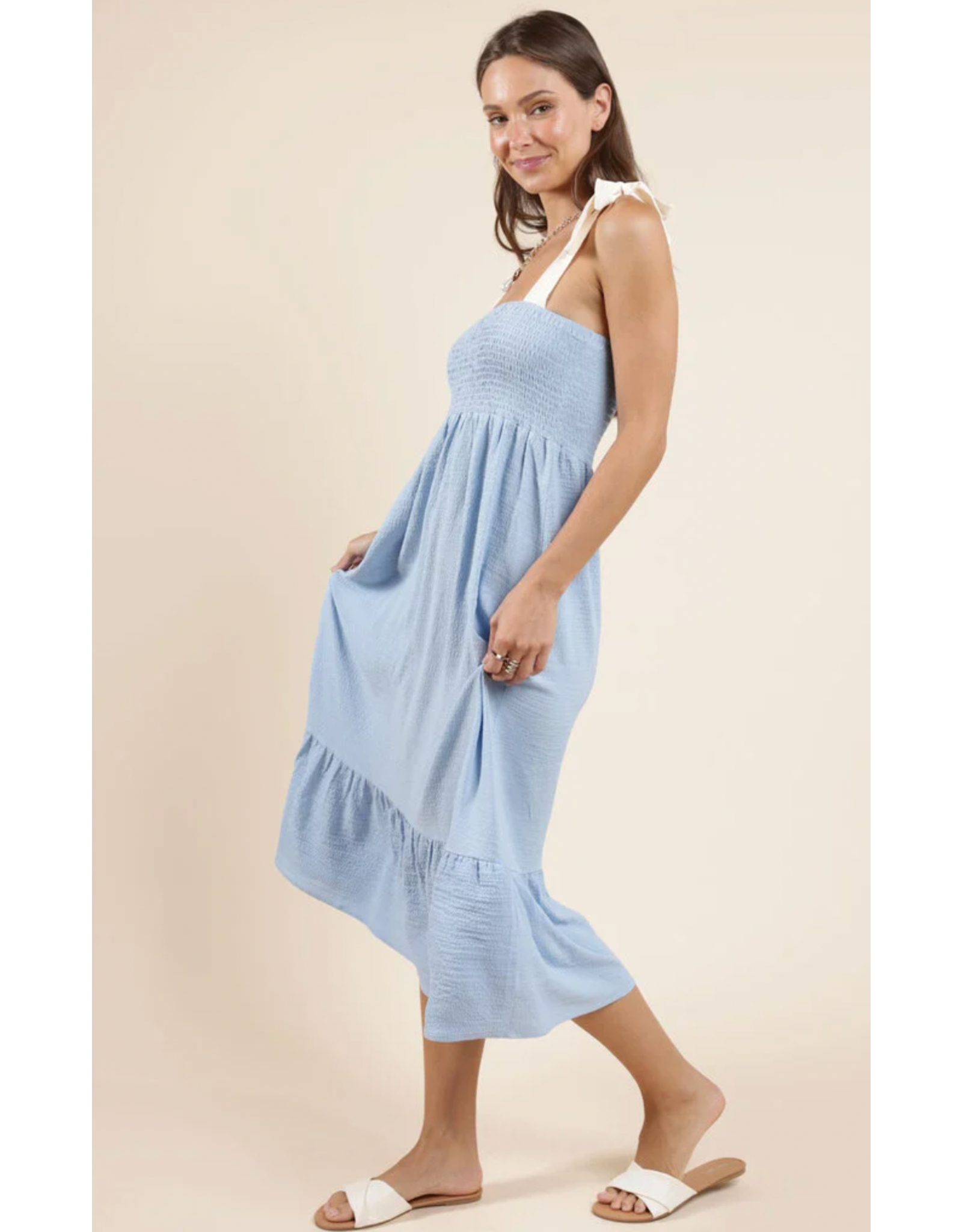 Sadie & Sage Sadie & Sage - Delilah Contrast Tie Strap Smocked Midi Dress (Sky Blue Cream)
