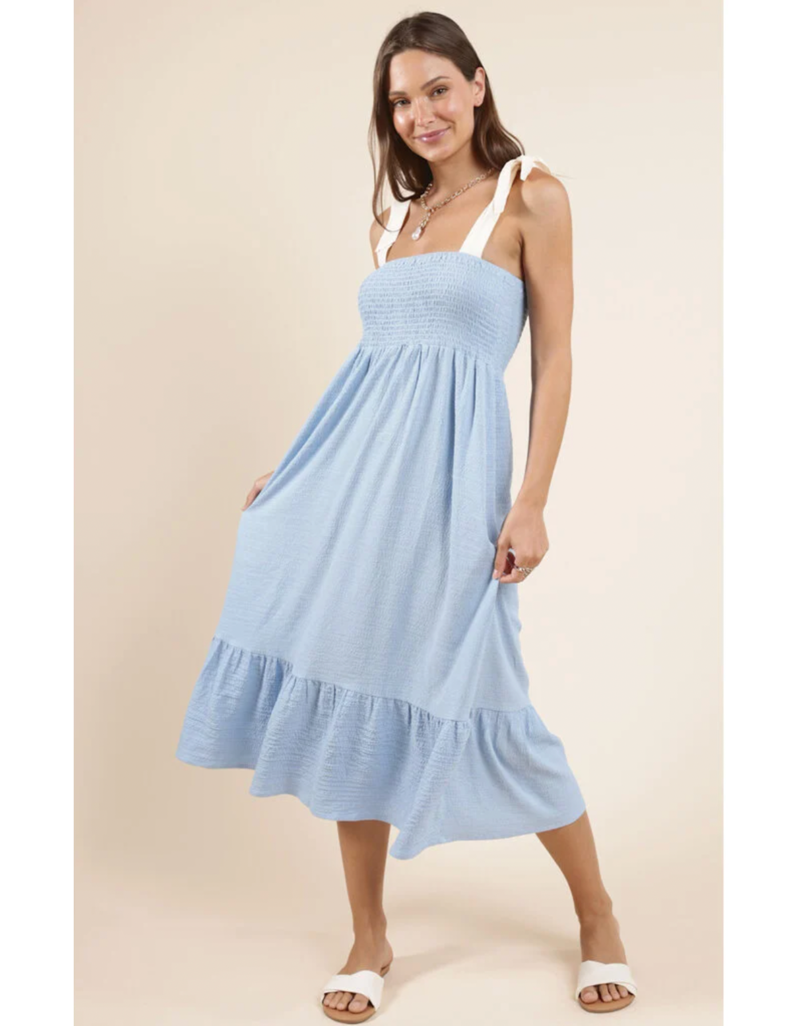 Sadie & Sage Sadie & Sage - Delilah Contrast Tie Strap Smocked Midi Dress (Sky Blue Cream)