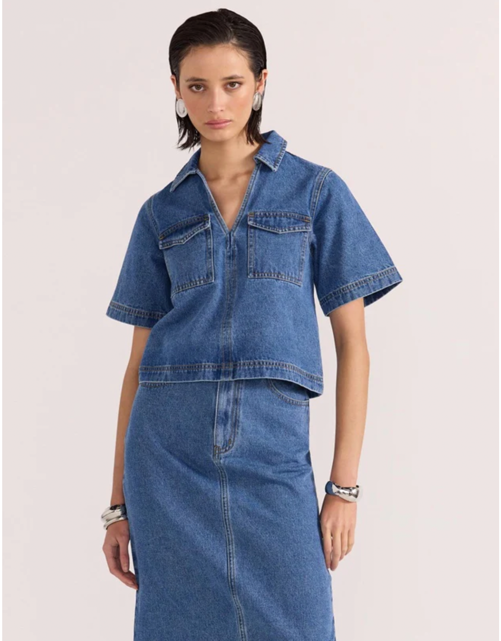Staple The Label Staple - Alden Crop Denim Shirt (Mid Blue)