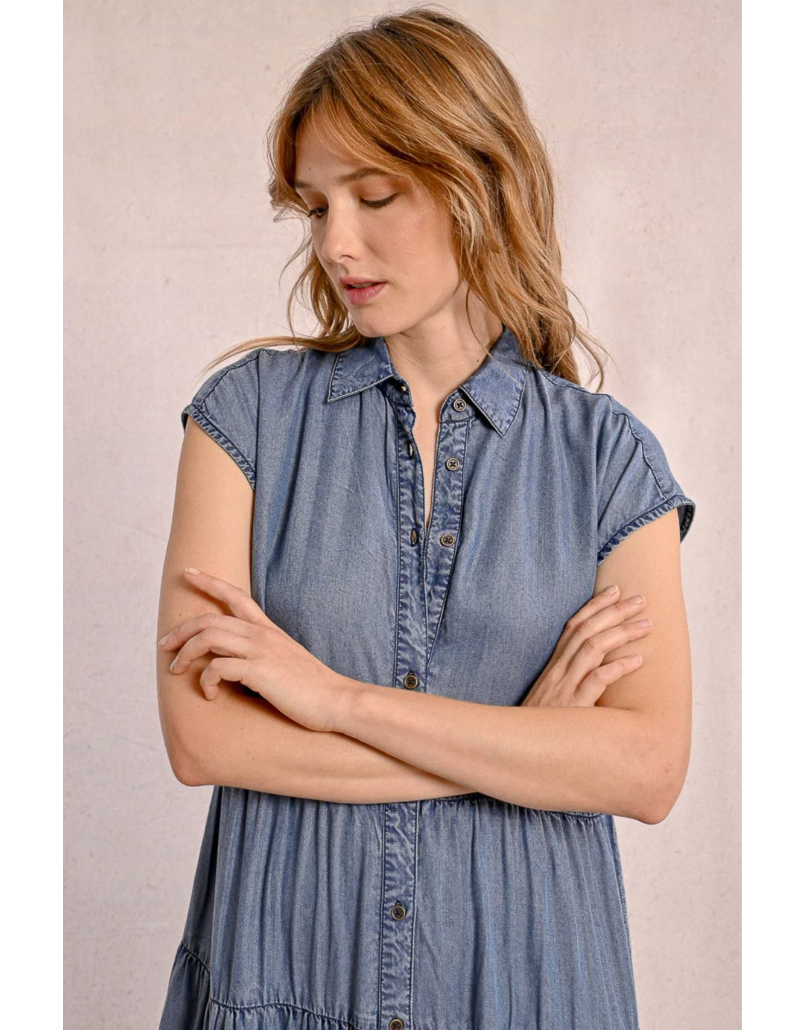 Molly Bracken Molly Bracken -  Maxi Length Tiered Shirt Dress (Blue Denim)