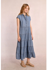 Molly Bracken Molly Bracken -  Maxi Length Tiered Shirt Dress (Blue Denim)