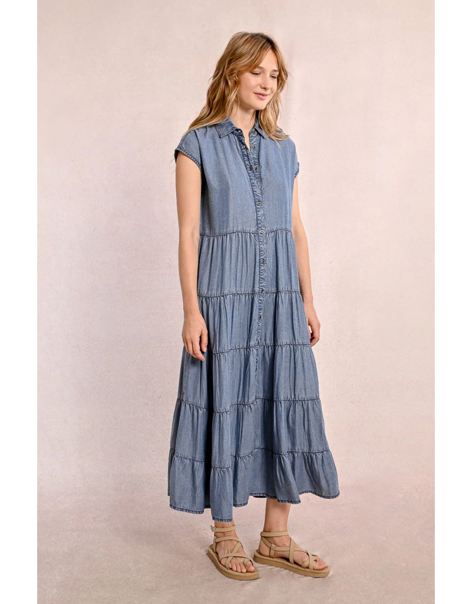 Molly Bracken Molly Bracken -  Maxi Length Tiered Shirt Dress (Blue Denim)