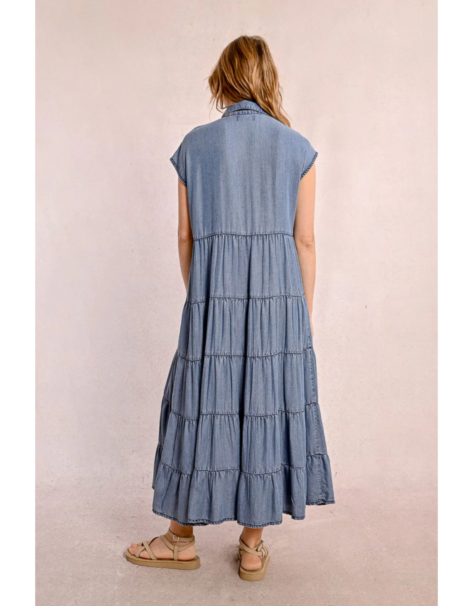 Molly Bracken Molly Bracken -  Maxi Length Tiered Shirt Dress (Blue Denim)