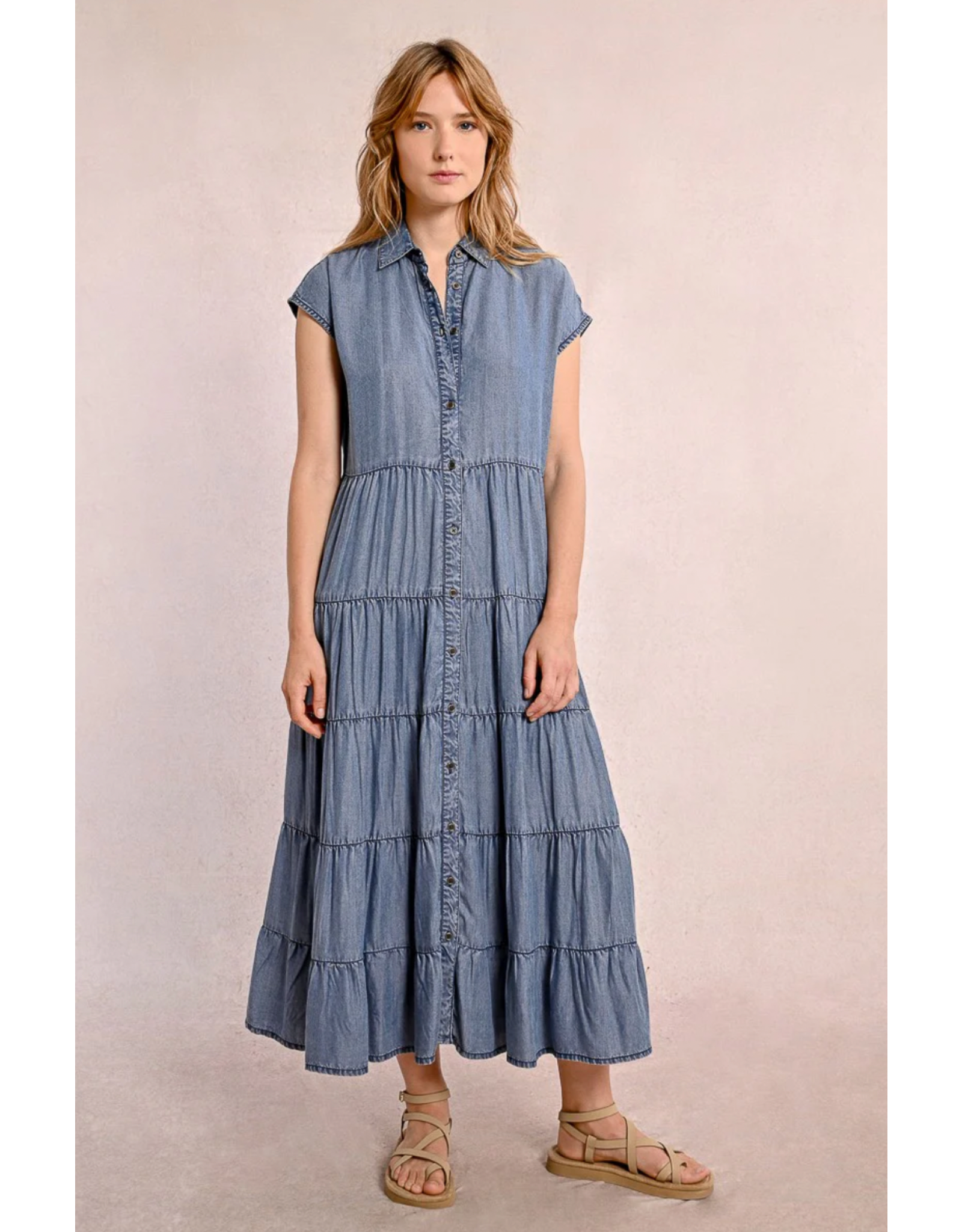 Molly Bracken Molly Bracken -  Maxi Length Tiered Shirt Dress (Blue Denim)