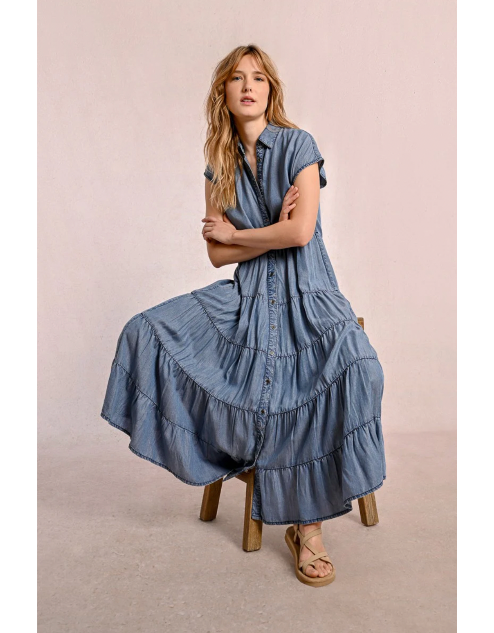 Molly Bracken Molly Bracken -  Maxi Length Tiered Shirt Dress (Blue Denim)