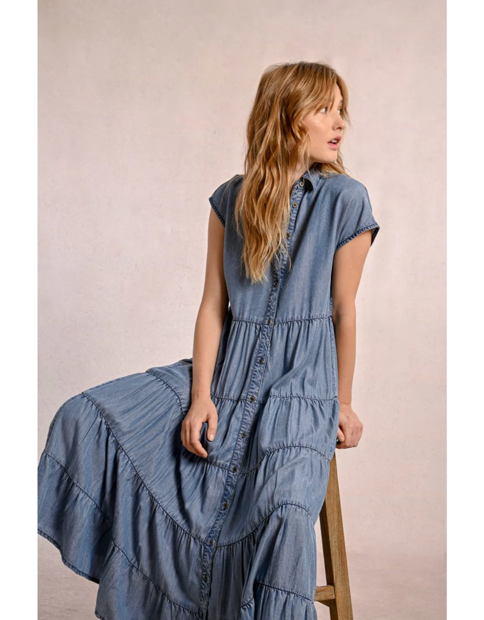 Molly Bracken Molly Bracken -  Maxi Length Tiered Shirt Dress (Blue Denim)