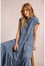 Molly Bracken Molly Bracken -  Maxi Length Tiered Shirt Dress (Blue Denim)