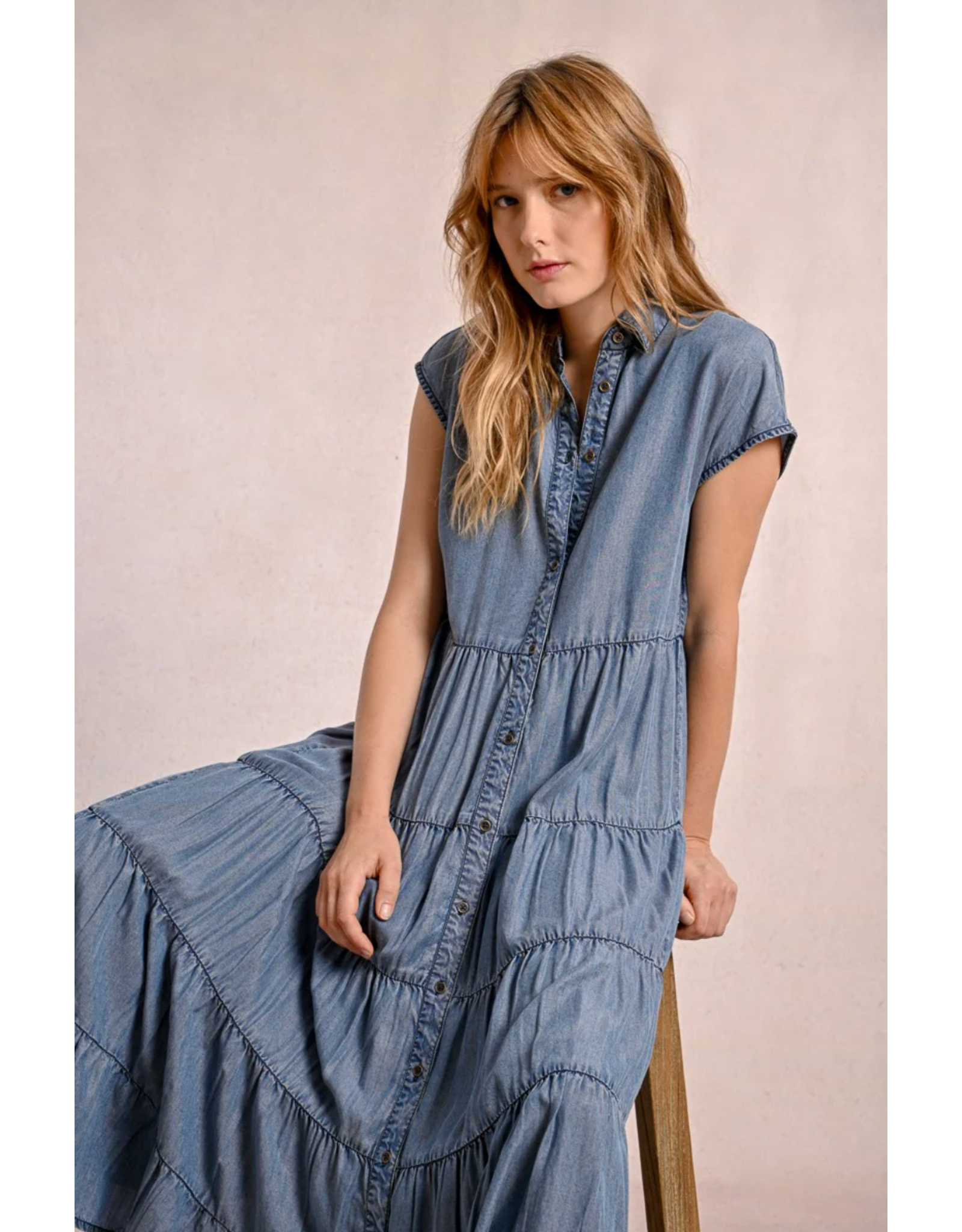 Molly Bracken Molly Bracken -  Maxi Length Tiered Shirt Dress (Blue Denim)