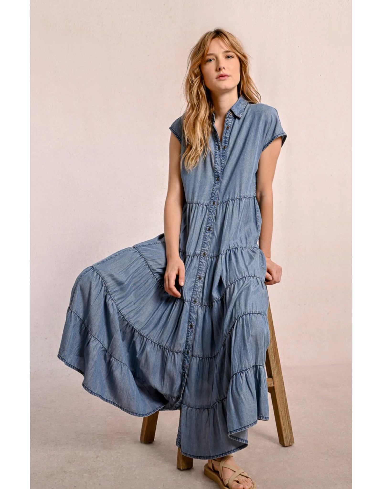 Molly Bracken Molly Bracken -  Maxi Length Tiered Shirt Dress (Blue Denim)