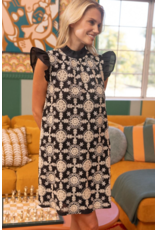 Voy Cotton Embroidered Ruffle Sleeve Back Ribbon Tie Dress (Black)