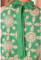 Voy Cotton Embroidered Ruffle Sleeve Back Ribbon Tie Dress (Green)