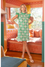 Voy Cotton Embroidered Ruffle Sleeve Back Ribbon Tie Dress (Green)