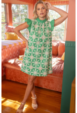 Voy Cotton Embroidered Ruffle Sleeve Back Ribbon Tie Dress (Green)