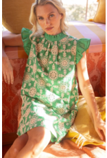 Voy Cotton Embroidered Ruffle Sleeve Back Ribbon Tie Dress (Green)