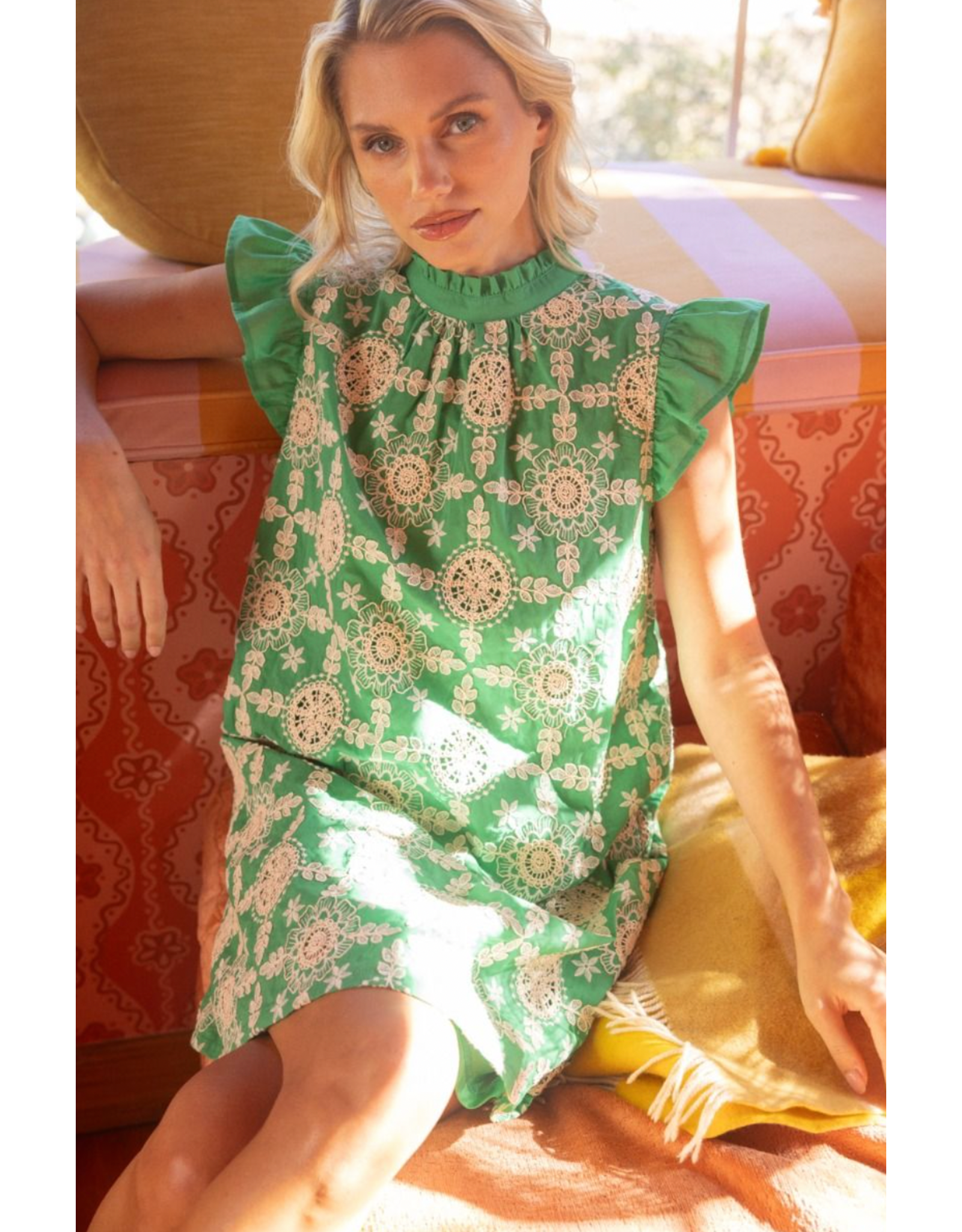 Voy Cotton Embroidered Ruffle Sleeve Back Ribbon Tie Dress (Green)