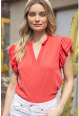 Voy V Neck Ruffle Sleeve Top (Coral)