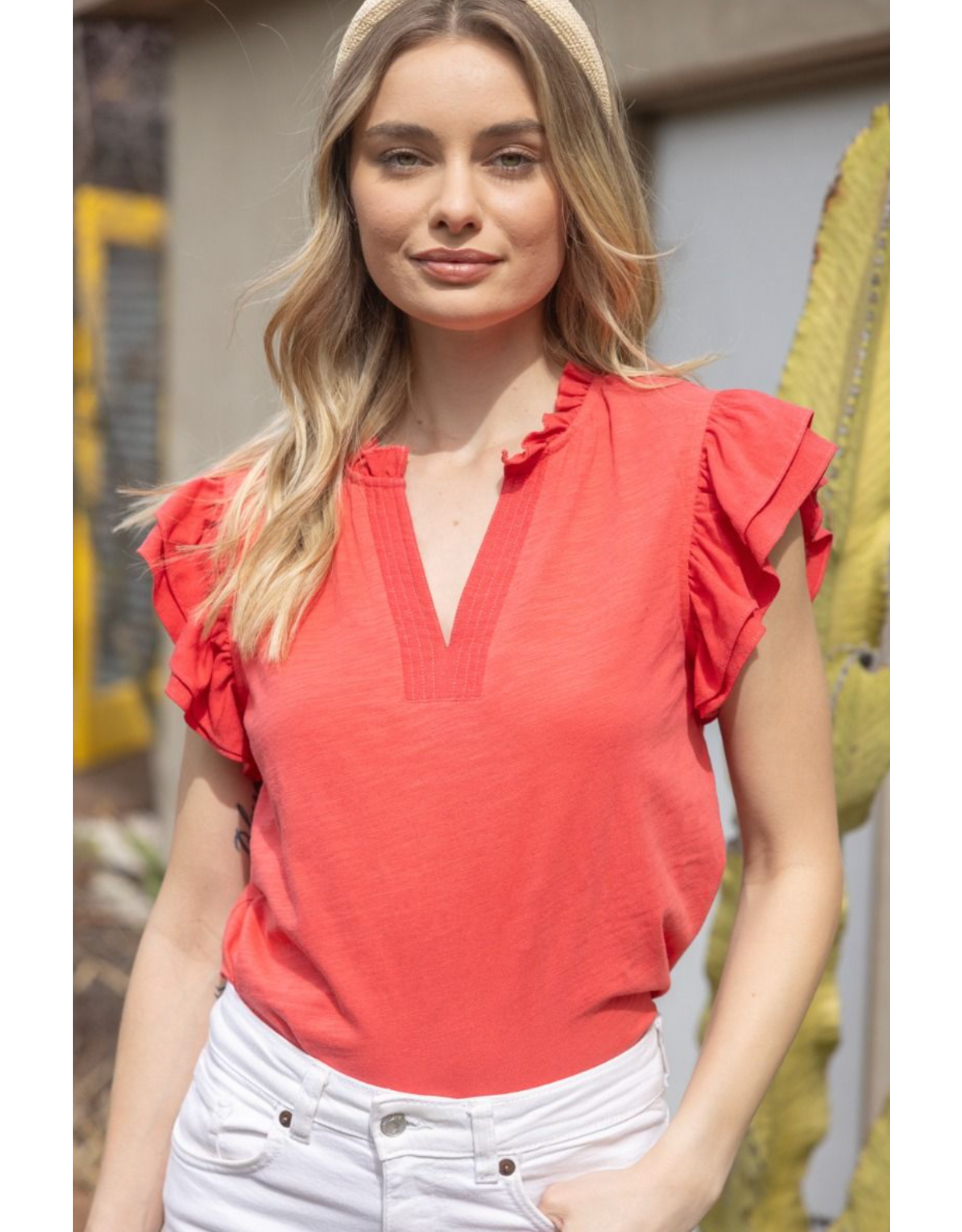 Voy V Neck Ruffle Sleeve Top (Coral)