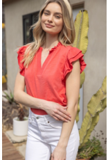 Voy V Neck Ruffle Sleeve Top (Coral)