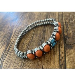 Blandice Turquoise and coral with silver bead stretch bracelet