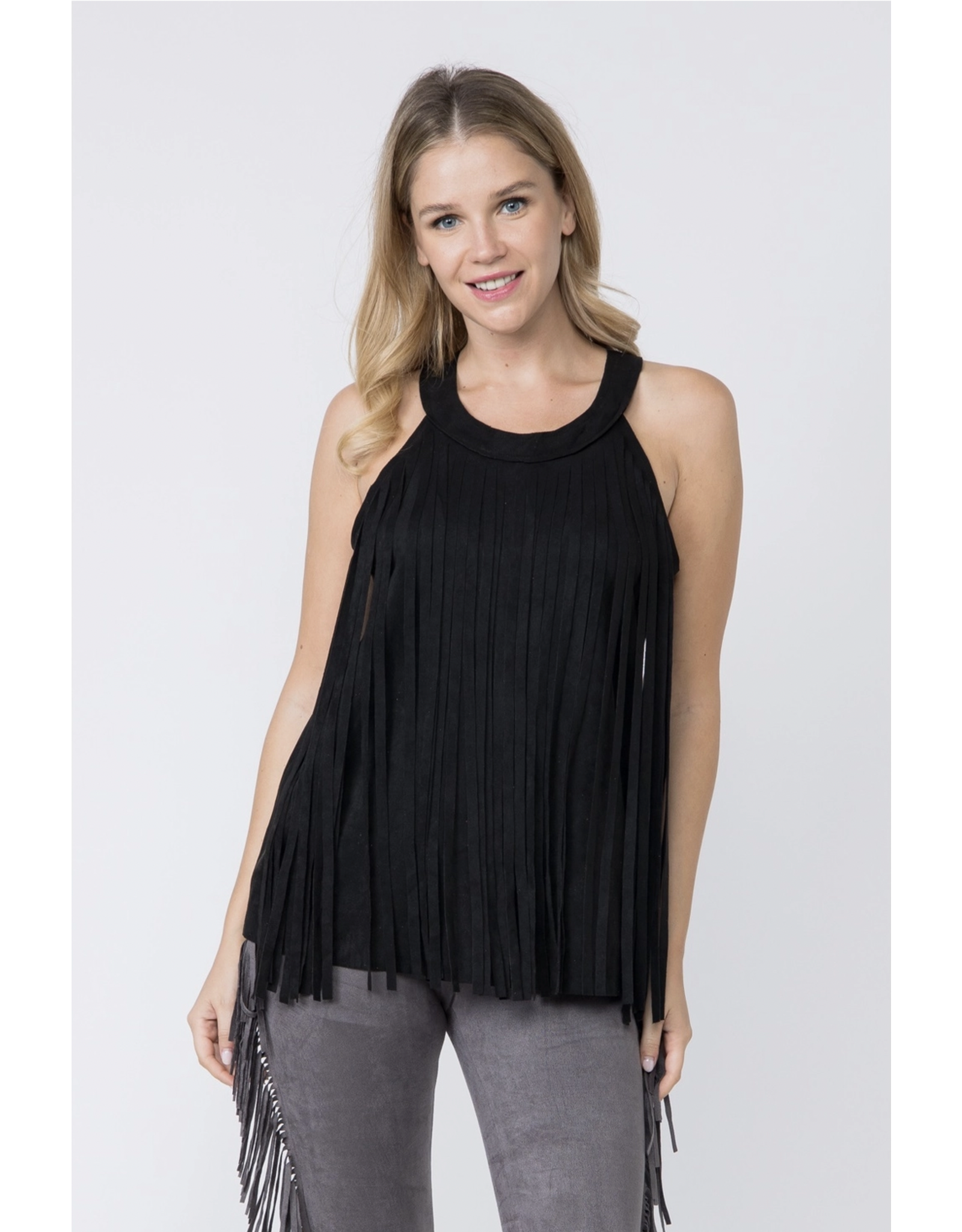 Vocal Vocal - Sleeveless suede top with fringe detail (Black)