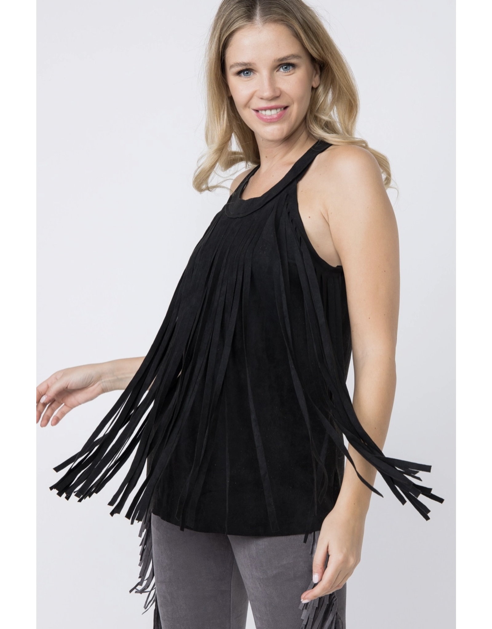 Vocal Vocal - Sleeveless suede top with fringe detail (Black)