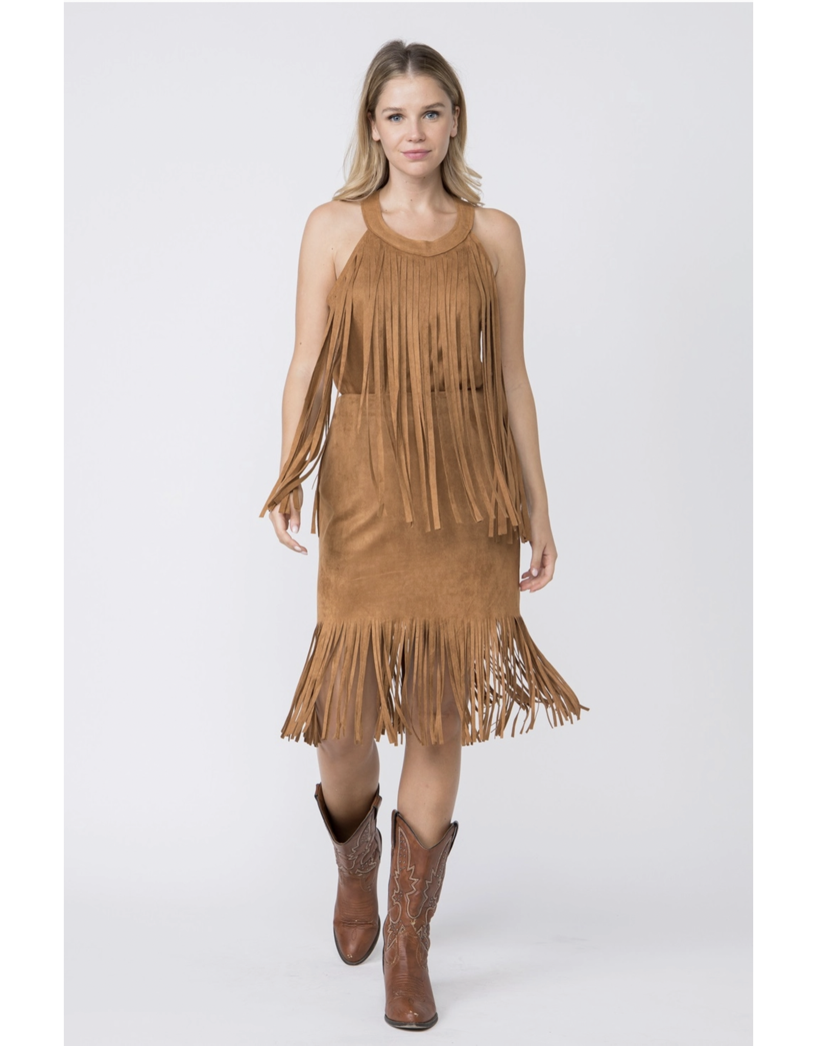 Vocal Vocal - Sleeveless suede top with fringe detail (Camel)