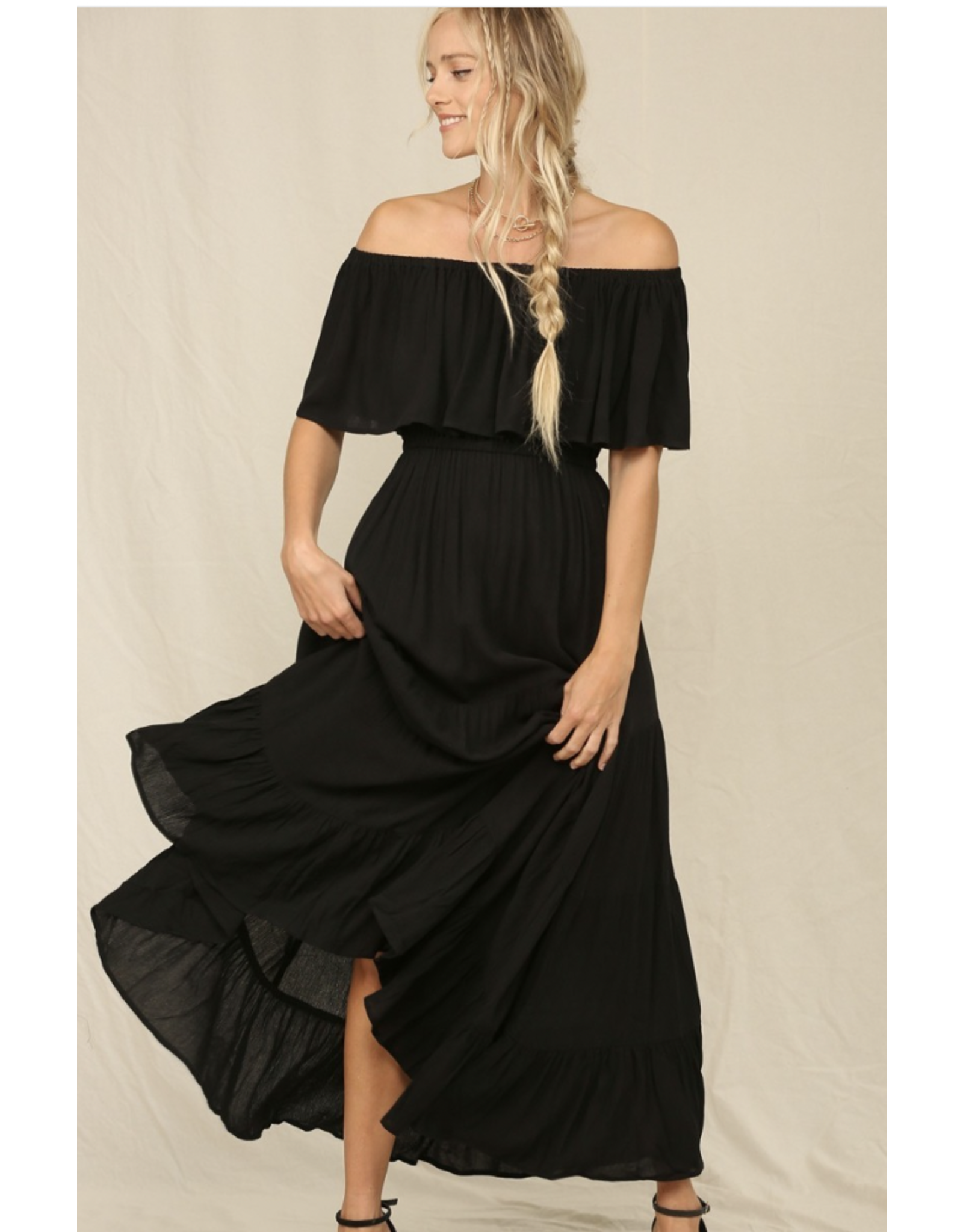 Kye Mi Marla - Off-shoulder maxi dress with ruffle top and elastic waist