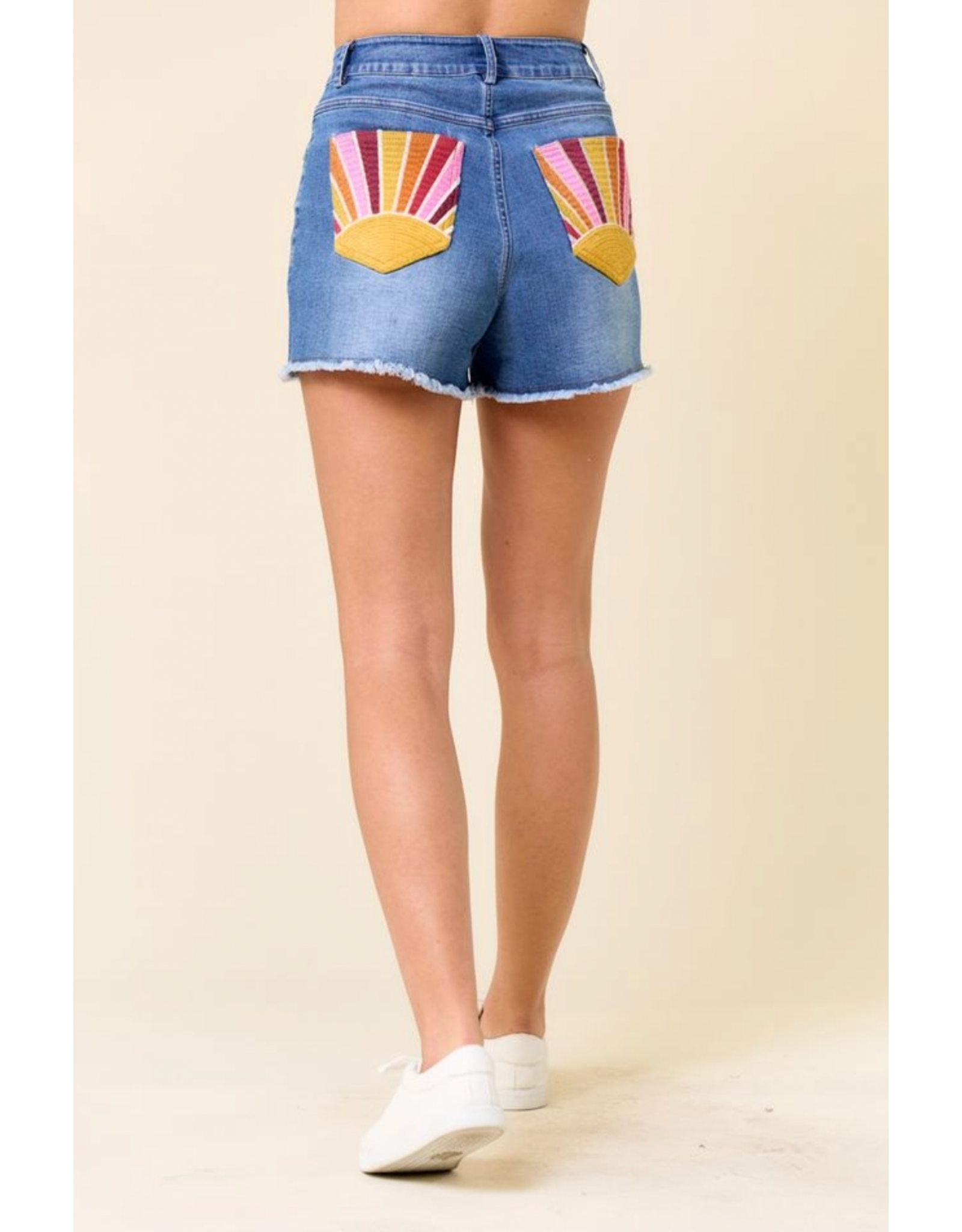 Saints & Hearts Denim Shorts with Sunset Embroidery