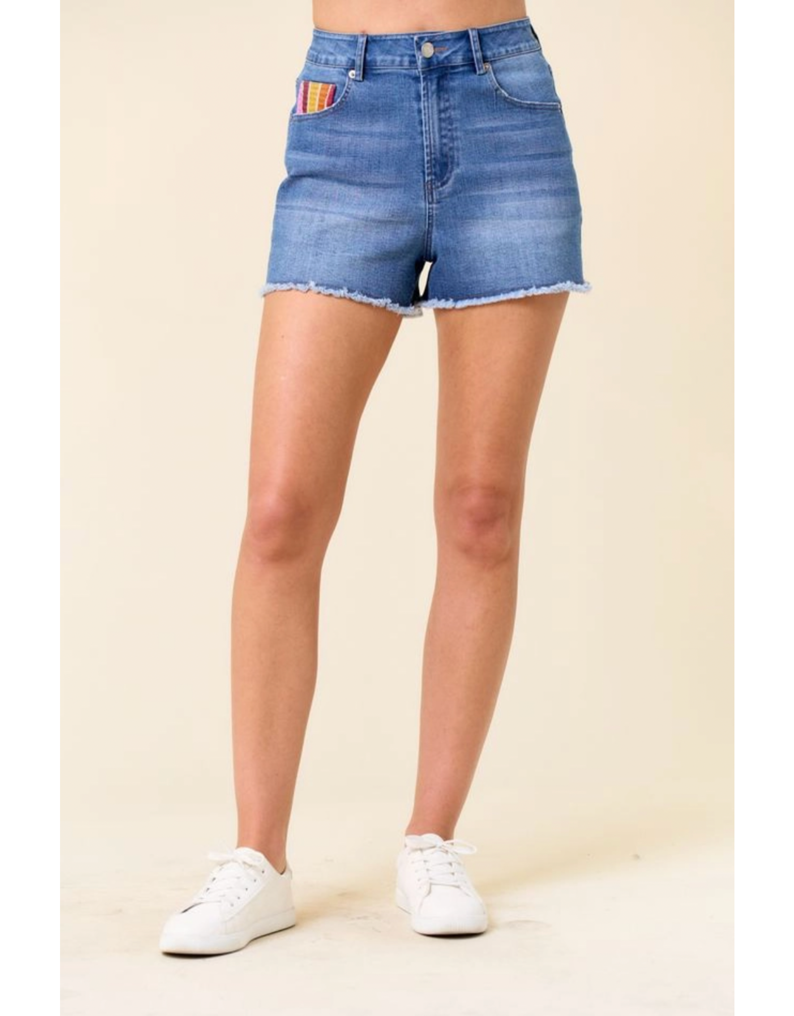 Saints & Hearts Denim Shorts with Sunset Embroidery
