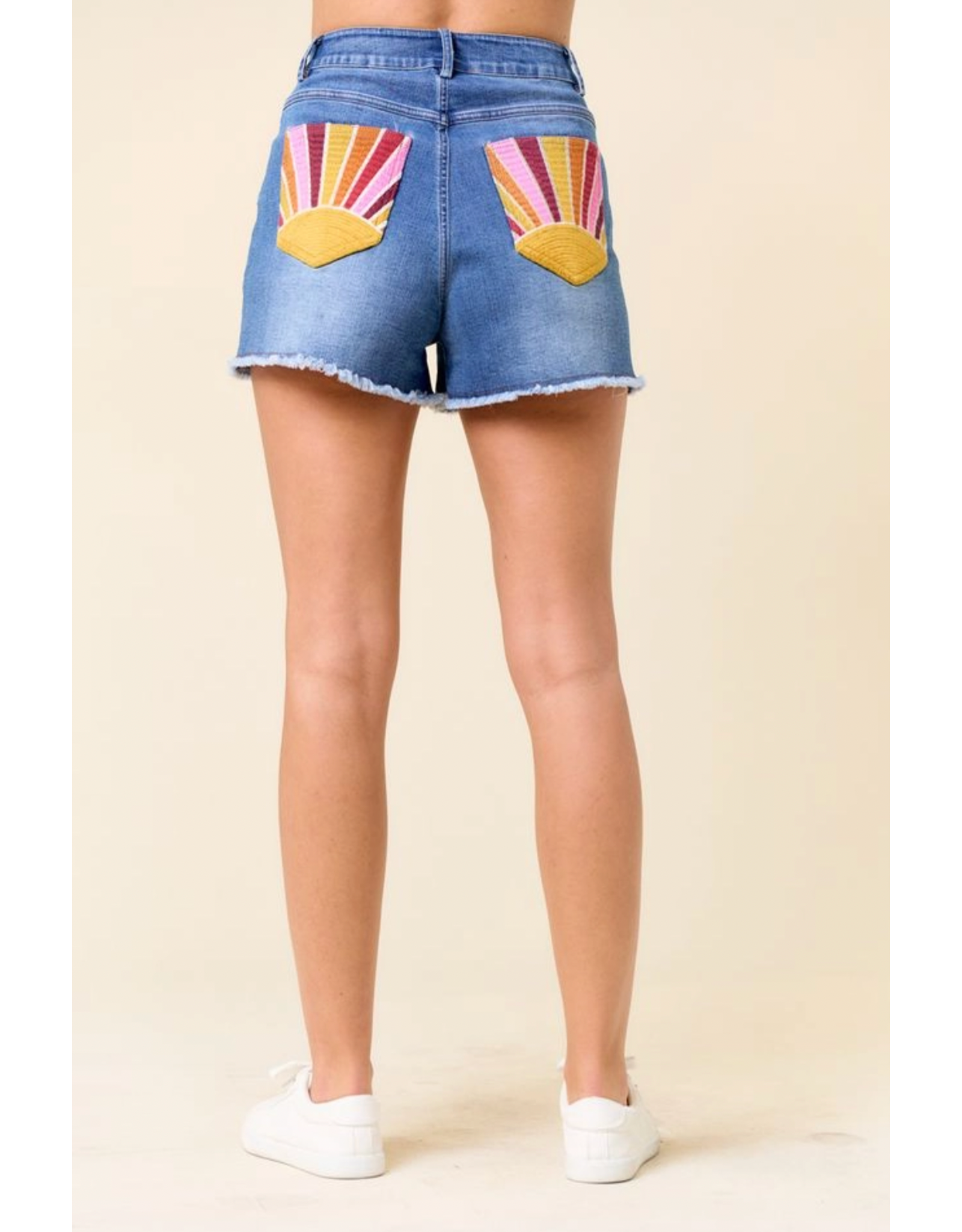 Saints & Hearts Denim Shorts with Sunset Embroidery