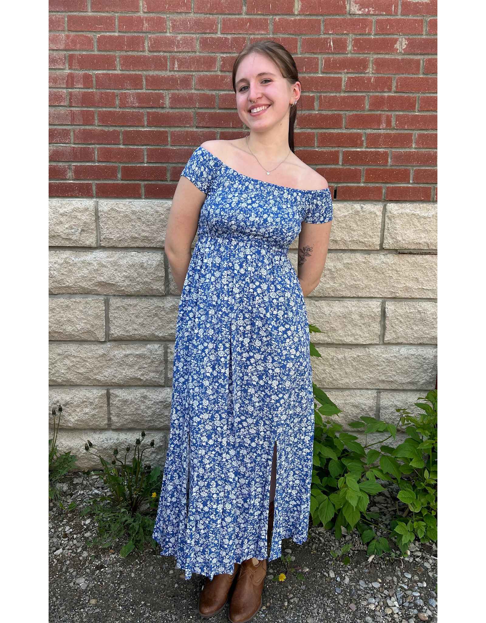 Papillon Papillon - Cap Sleeve Off The Shoulder Dress With Smocked Bodice (Blue)