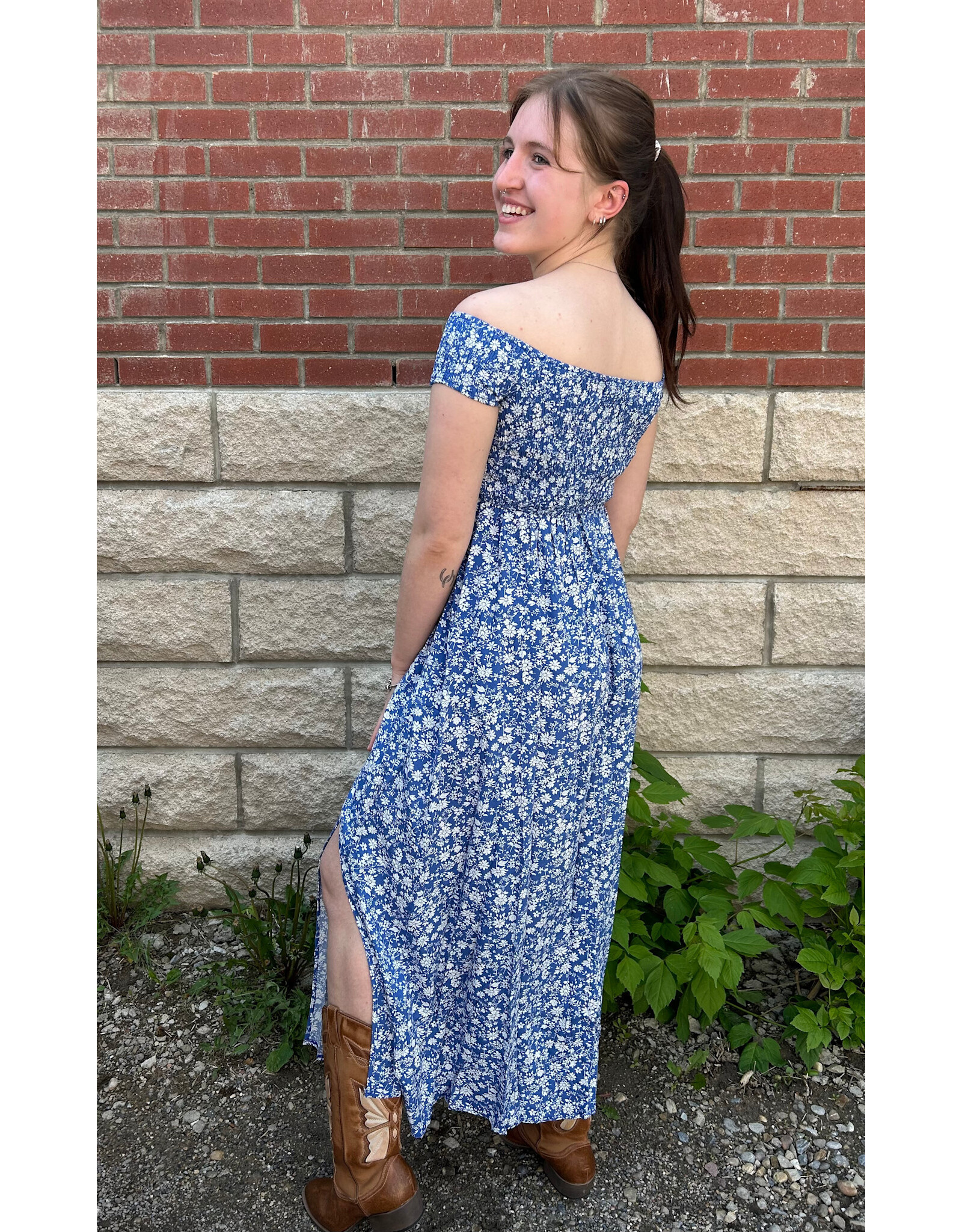 Papillon Papillon - Cap Sleeve Off The Shoulder Dress With Smocked Bodice (Blue)