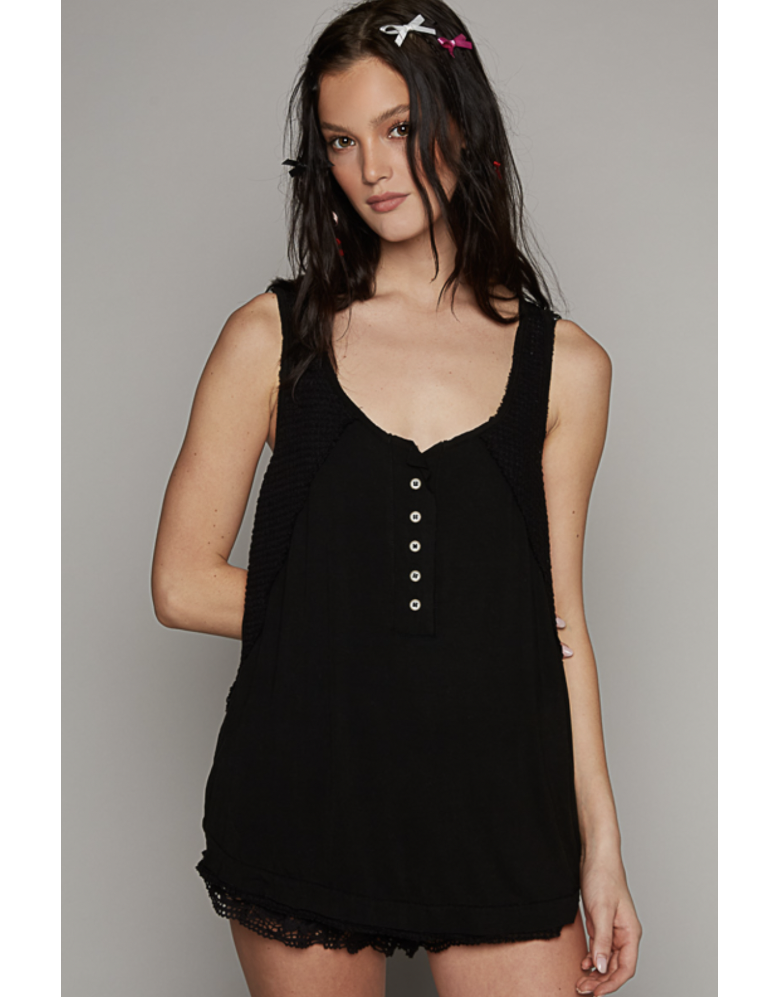 POL Sabrina - Round Neck Tank with Buttons (Black)