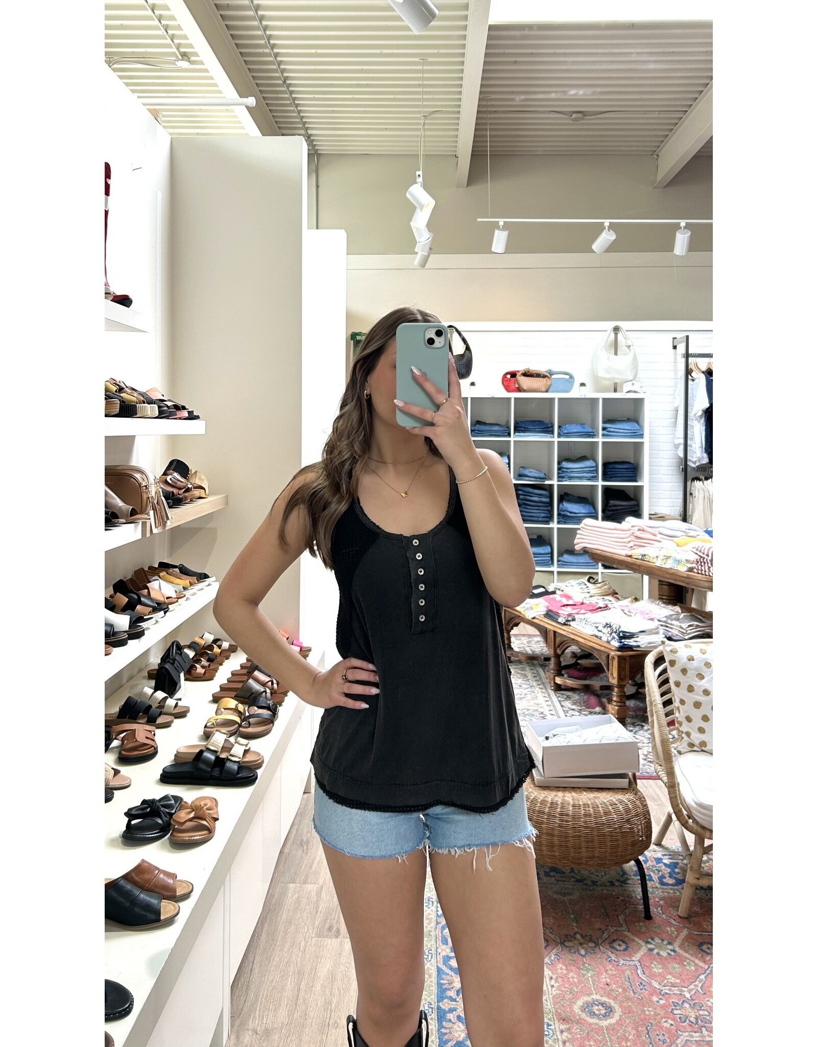 POL Sabrina - Round Neck Tank with Buttons (Black)