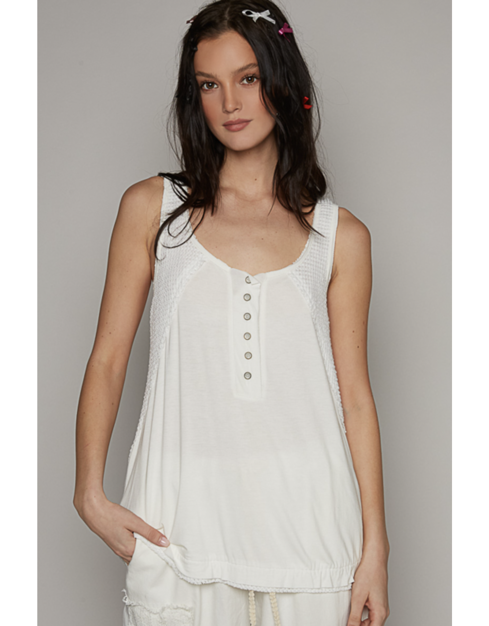 POL Sabrina - Round Neck Tank with Buttons (Off White)