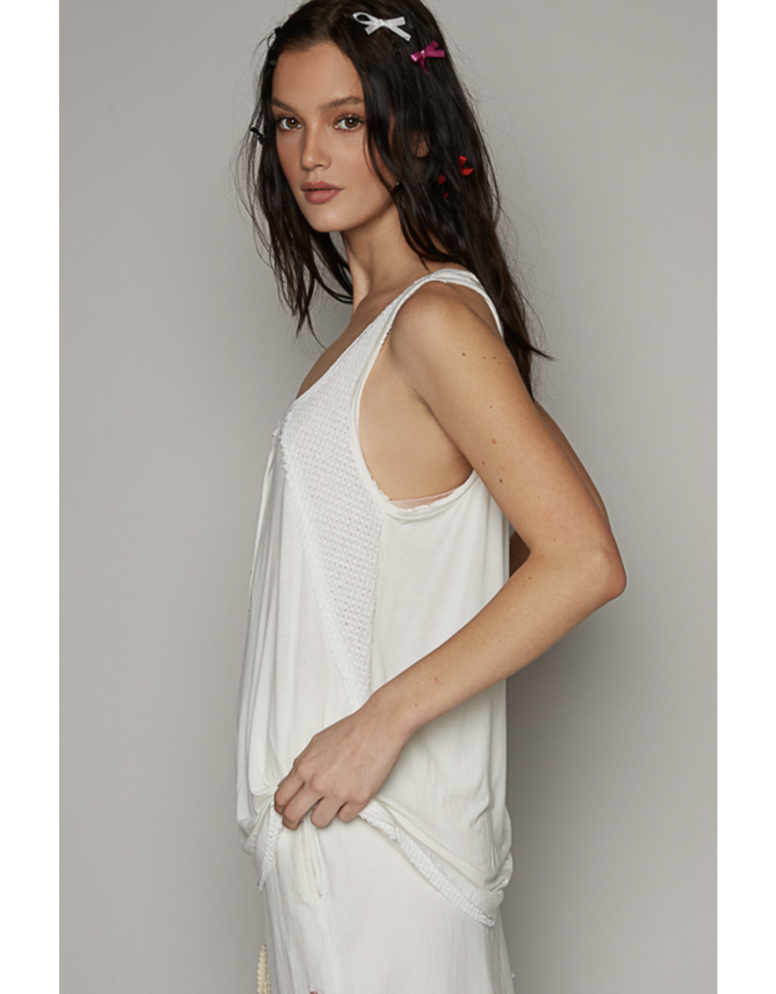 POL Sabrina - Round Neck Tank with Buttons (Off White)