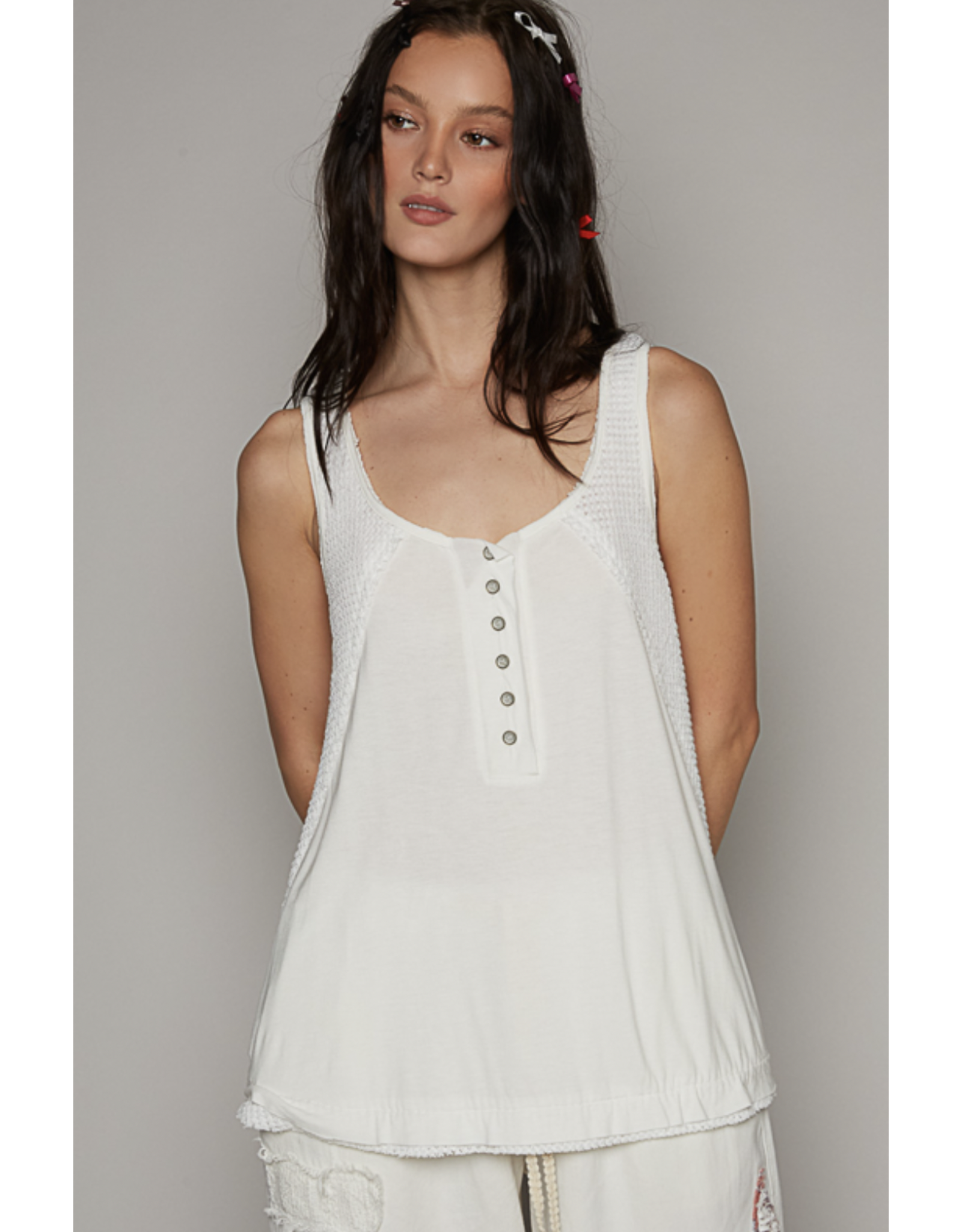 POL Sabrina - Round Neck Tank with Buttons (Off White)
