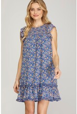 She + Sky Butterfly Sleeve Smocked Floral Print Dress (Blue)