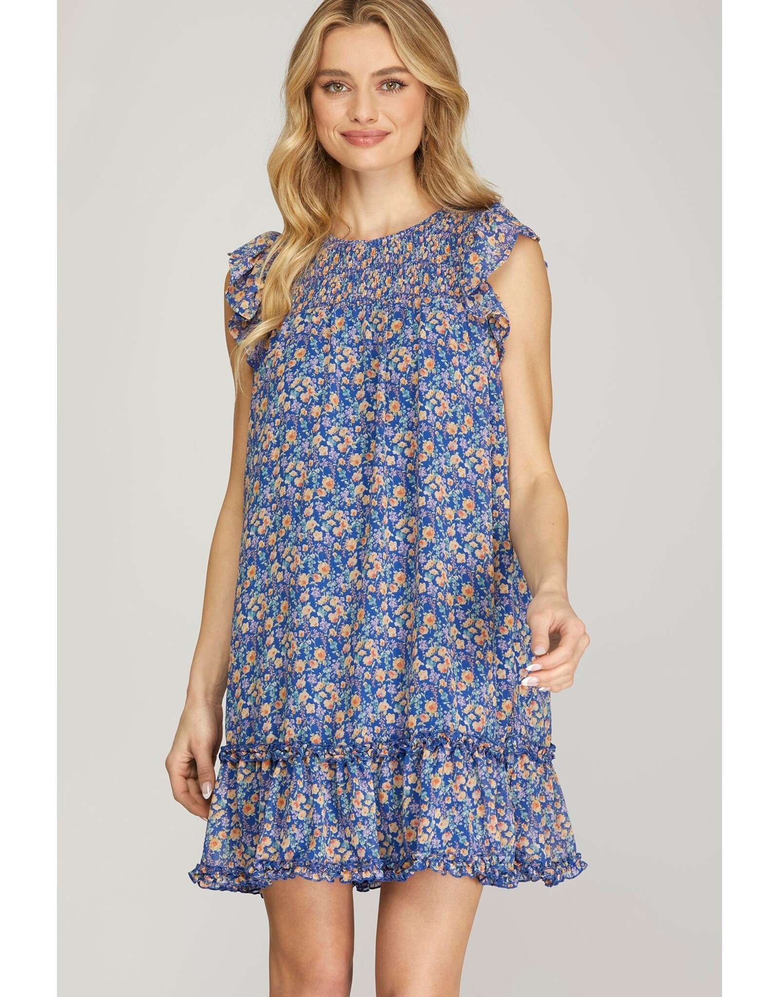 She + Sky Butterfly Sleeve Smocked Floral Print Dress (Blue)